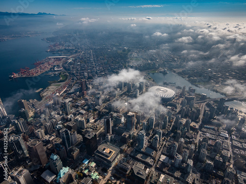 Stock aerial photo of scattered clouds over downtown Vancouver  Canada