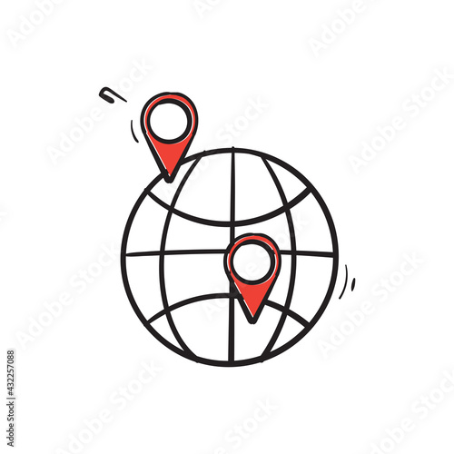 hand drawn globe and map pin icon symbol for gps location illustration vector isolated