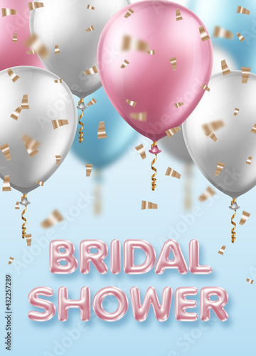 Bridal shower invitation template with balloons and 3d letters