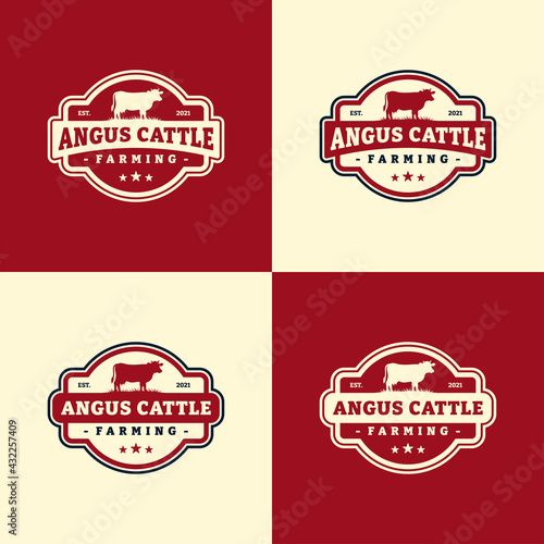 Set of cattle farm logo template design. Vintage black angus badge vector.