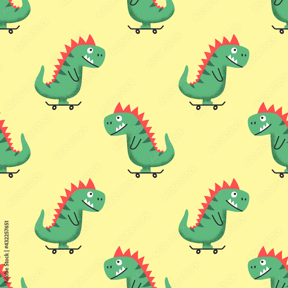 Fototapeta premium Seamless pattern with funny cheerful cartoon dino riding skateboard on yellow background