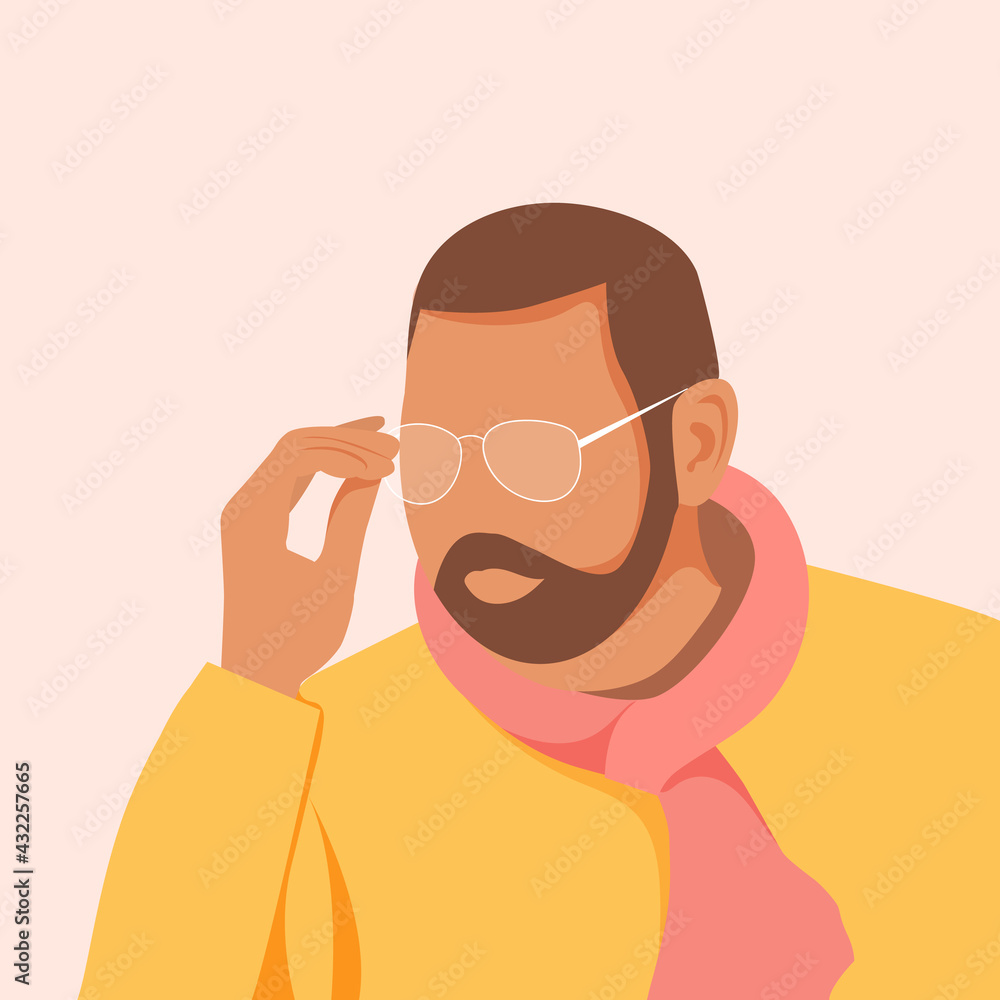 Handsome young man with beard wearing glasses. Guy in orange stylish shirt. Vector illustration