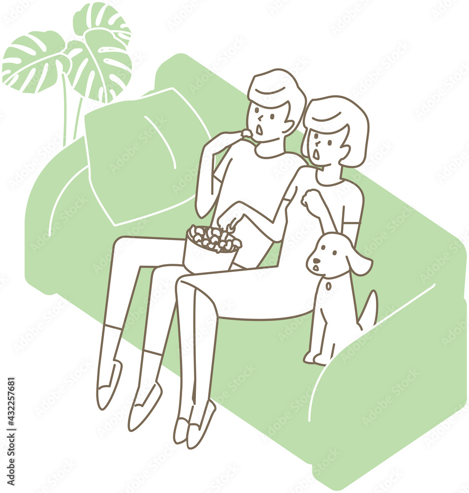 ソファに座ってテレビを見てびっくりするカップル。ベクターイラスト ソファに座ってテレビを見てびっくりするカップル。ベクターイラスト