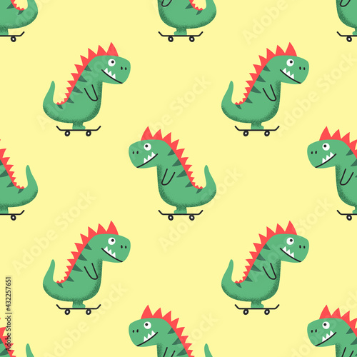 Seamless pattern with funny cheerful cartoon dino riding skateboard on yellow background