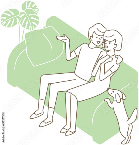 ソファに座って会話する恋人、夫婦。ベクターイラスト