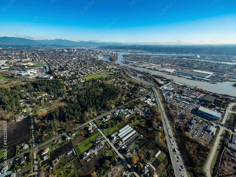 Stock aerial photo of Marine Way looking to New Westminster, Canada