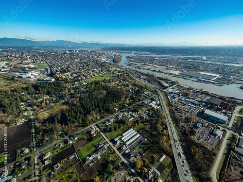 Stock aerial photo of Marine Way looking to New Westminster, Canada