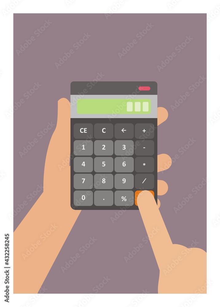 Hand holding and pushing calculator result button. Hand holding and pushing calculator result button.