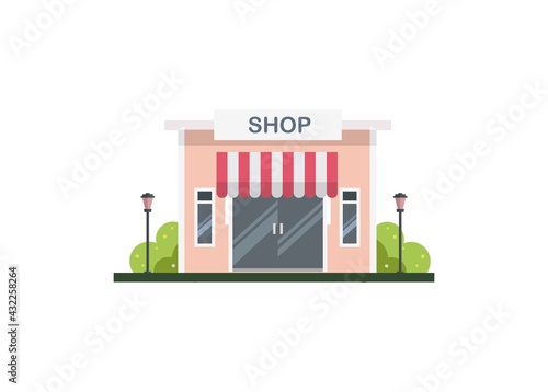 Shop building with flat roof.