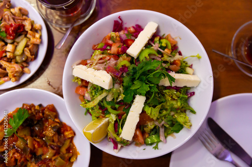 Image of Choban salad with cheese in a Turkish cafe. High quality photo
