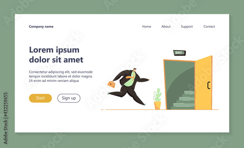 Cartoon businessman running to opened exit door. Flat vector illustration. Worker escaping from office because of emergency situation or evacuation. Safety, fire escape, evacuation, business concept