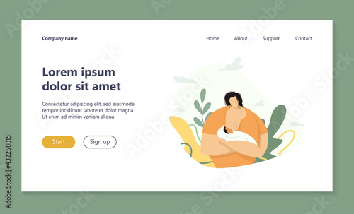 Happy mom breastfeeding baby. New mother offering breast to newborn infant. Vector illustration for motherhood, healthy nutrition, child birth concept