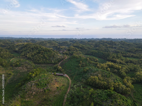Aerial view of green valley in Gunung Kidul, Indonesia.