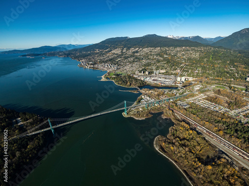 Stock aerial photo of Lions Gate Bridge and North Shore, Canada