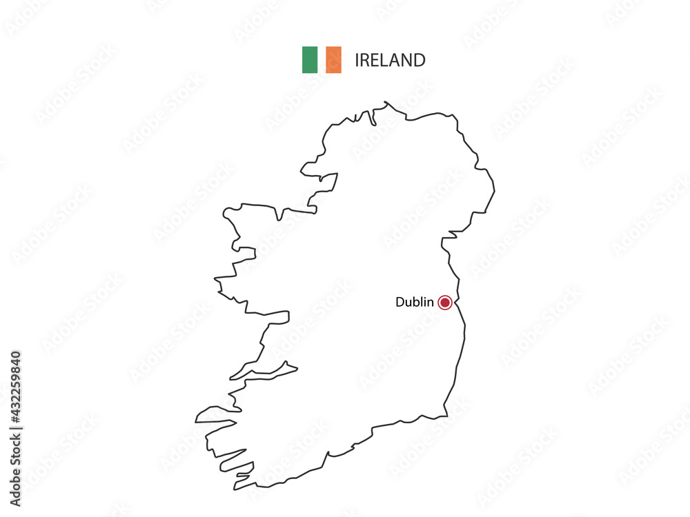 Hand draw thin black line vector of Ireland Map with capital city Dublin on white background.