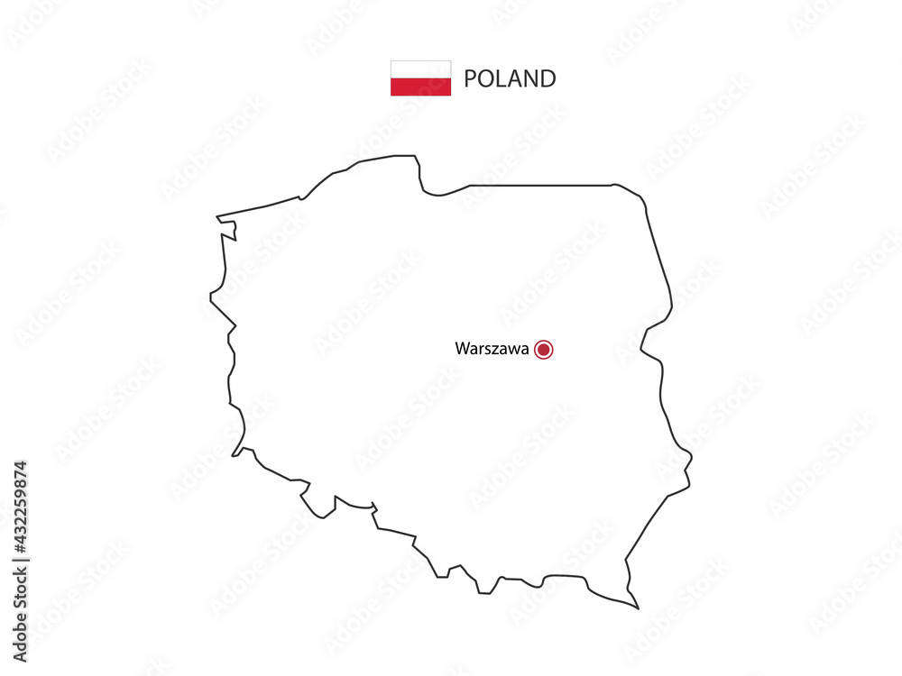 Hand draw thin black line vector of Poland Map with capital city Warszawa on white background.