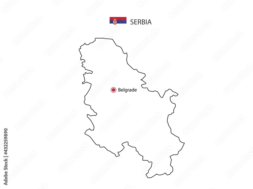 Hand draw thin black line vector of Serbia Map with capital city Belgrade on white background.