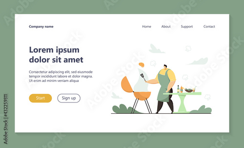 Cartoon man cooking meat steak, doing BBQ outdoor. Flat vector illustration. Person frying or grilling shashlik or square. Food, cooking, picnic concept for banner design or landing page