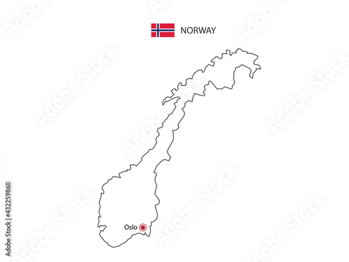Hand draw thin black line vector of Norway Map with capital city Oslo on white background.