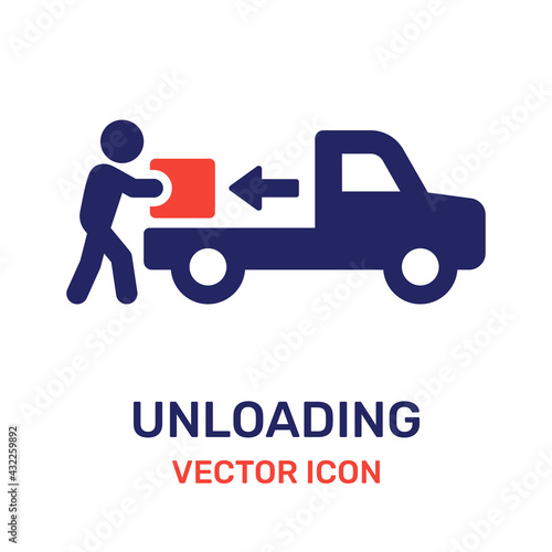 The loader unloads the goods from the truck. Delivery service. Moving icon vector 