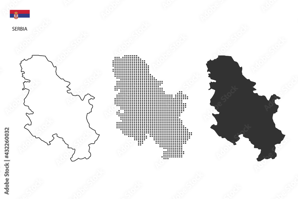 3 versions of Serbia map city vector by thin black outline simplicity style, Black dot style and Dark shadow style. All in the white background.