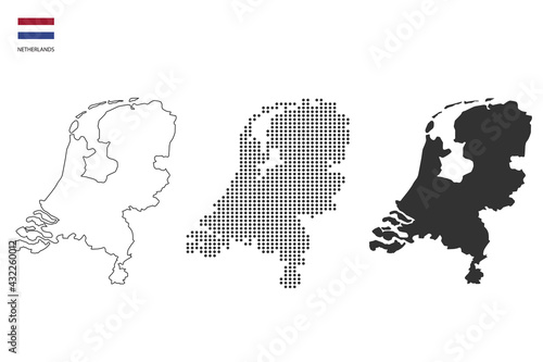 3 versions of Netherlands map city vector by thin black outline simplicity style, Black dot style and Dark shadow style. All in the white background.