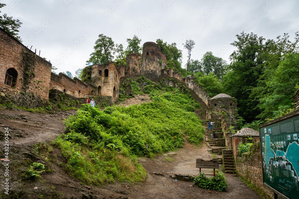 Rudkhan Castle architecture view in Iran. Rudkhan Castle is a brick and stone medieval castle, located 25 km southwest of Fuman city north of Iran in Gilan province.