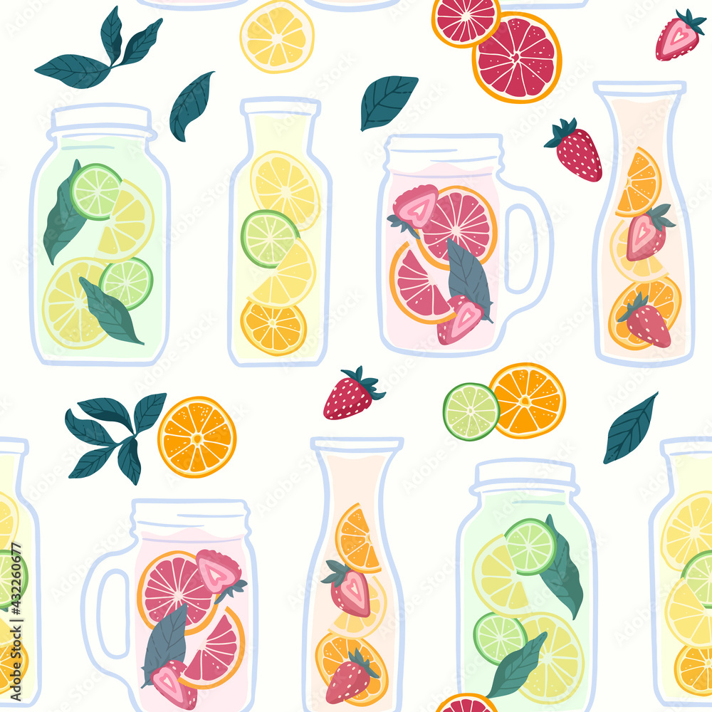 Fototapeta premium Summer Fresh Fruits Infused Water Seamless Pattern