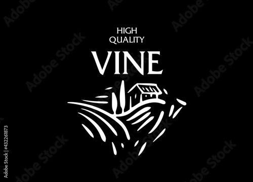 Vector logo drawn by hand. Landscape of vineyards for making wine