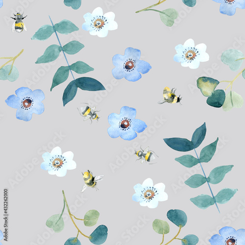 Watercolor pattern of flowers and branches on a gray background