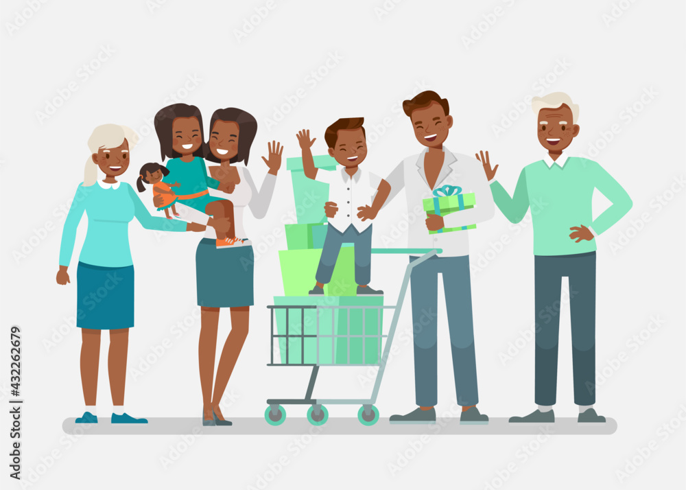 Big family grandparent, father, mother and children are shopping character vector design. Big family grandparent, father, mother and children are shopping character vector design.