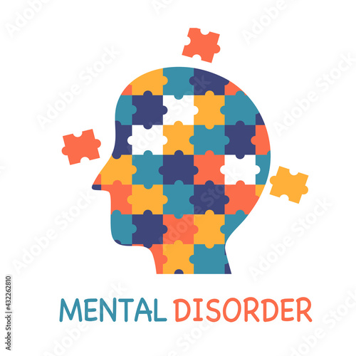 Mental disorder psychological depression. Mental illness. Psychotherapy. Human brain with jigsaw puzzles in flat design.