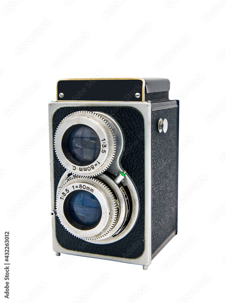 Bangkok, Thailand - 05 May 2021 :  Vintage twin lens reflex photo camera. Old two lens medium format film camera, isolated on white background with clipping path. An idea of old camera and memory, Sel