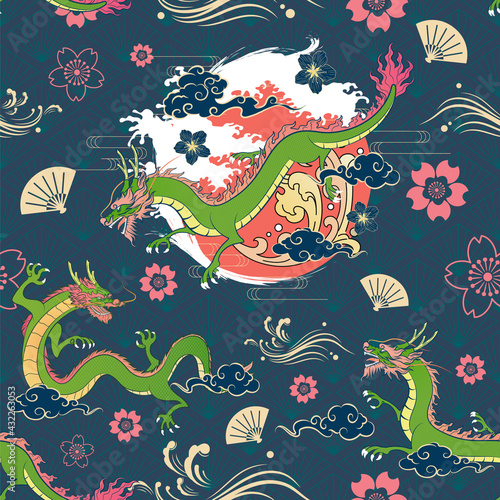 Seamless Japanese Repeat Pattern Colorful Theme with Flying Dragon with The Sun, Torrential Wave Graphic and Different Cloud Shape on  Diamond Pattern Background Template Design for Wrapping Paper