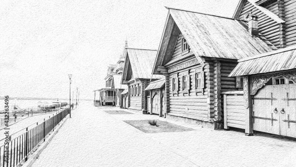 Wooden houses. Street with houses, sky. Architecture. Drawing in gray tones. Illustration