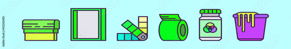 set of screen printing cartoon icon design template with various models. vector illustration isolated on blue background set of screen printing cartoon icon design template with various models. vector illustration isolated on blue background