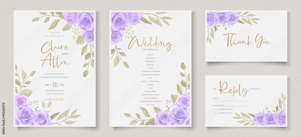 Set of elegant wedding card template with hand drawn floral decoration