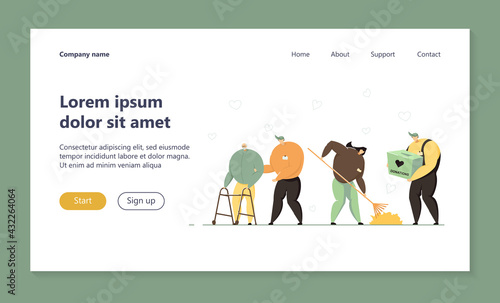 Volunteering and charity concept. Volunteers collecting donations, planting trees, taking care about nature, giving help and support to senior people. Vector illustration in flat style