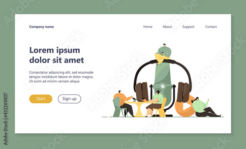 Happy tiny people sitting and listening radio podcast isolated flat vector illustration. Cartoon man and woman with headsets talking on interview. sound technology and online broadcasting concept