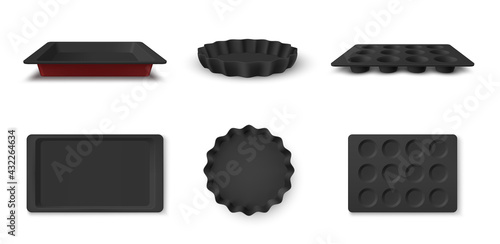 Collection of baking dish front and top view vector illustration. Aluminium kitchenware for cooking