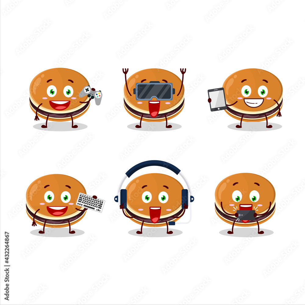 Dorayaki cartoon character are playing games with various cute emoticons