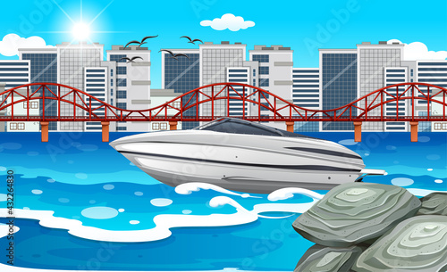 A speed boat in the river with city background
