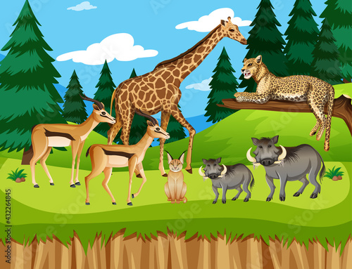 Group of wild african animal in the forest scene