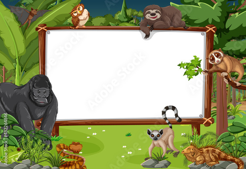 Blank banner in the rainforest scene with wild animals