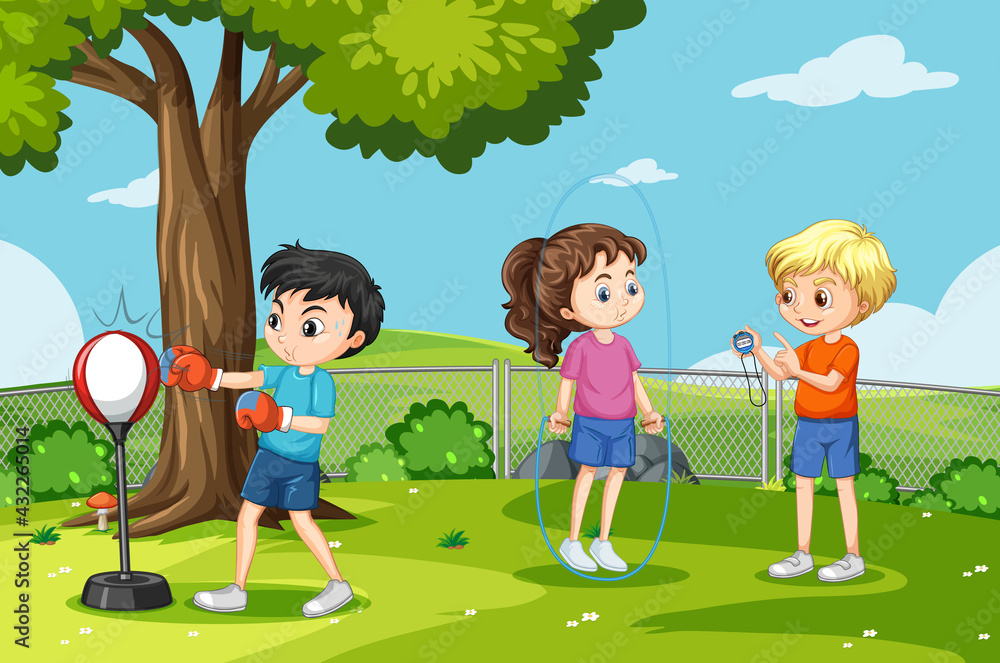 Outdoor scene with many children doing different activities Outdoor scene with many children doing different activities
