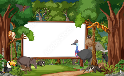 Blank banner in the rainforest scene with wild animals