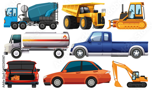 Set of different kind of cars and trucks isolated on white background
