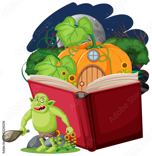 Goblin or troll cartoon character with a story book