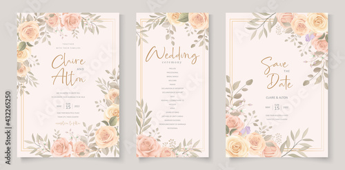Set of elegant wedding card template with hand drawn floral decoration