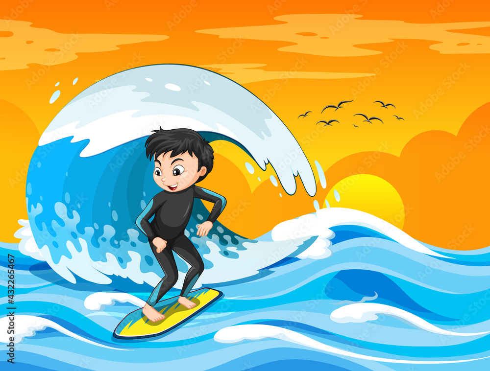 Big wave in the ocean scene with boy standing on a surf board
